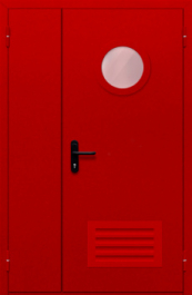 Фото двери «Полуторная с круглым стеклом и решеткой (красная)» в Красноармейску